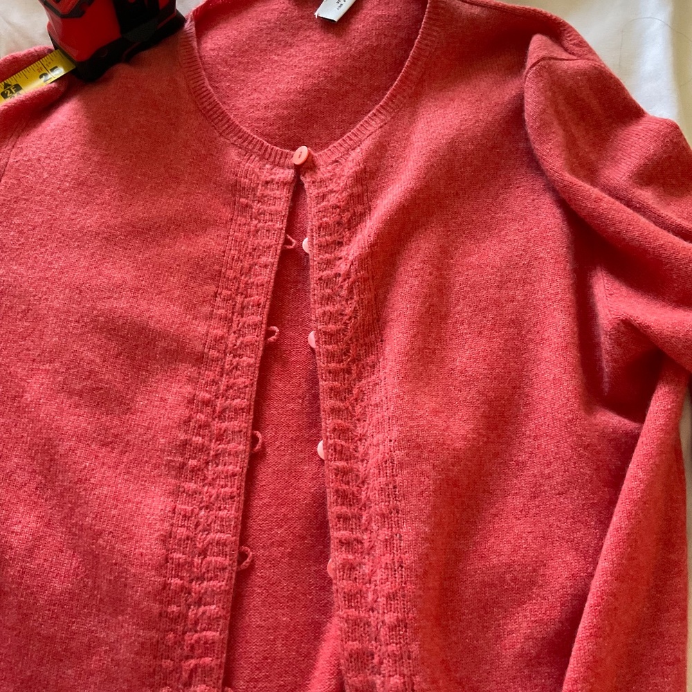 CASHMERE, button down salmon colored sweater.